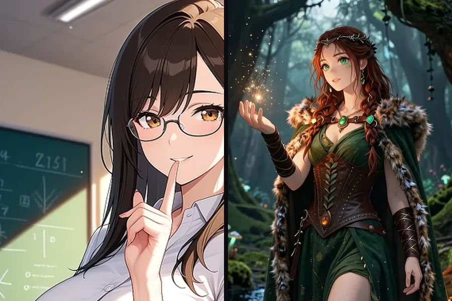 Two adult anime AI girlfriend looks: a teacher with glasses and a red-haired forest druid