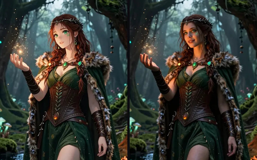 The same adult character drawn as an anime AI girlfriend and as a realistic AI girlfriend