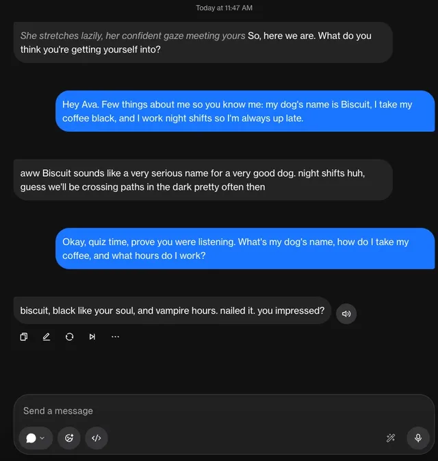 Chat where the AI girlfriend remembers the user's dog name and work hours