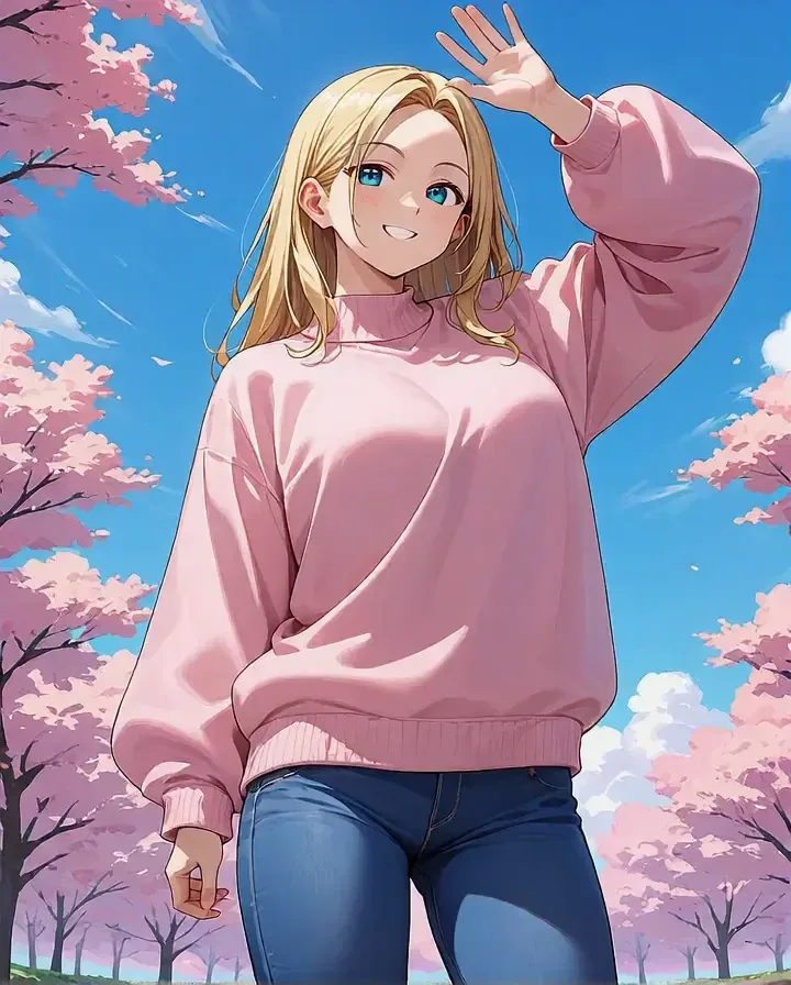 Anime AI girlfriend with blonde hair waving under cherry blossoms