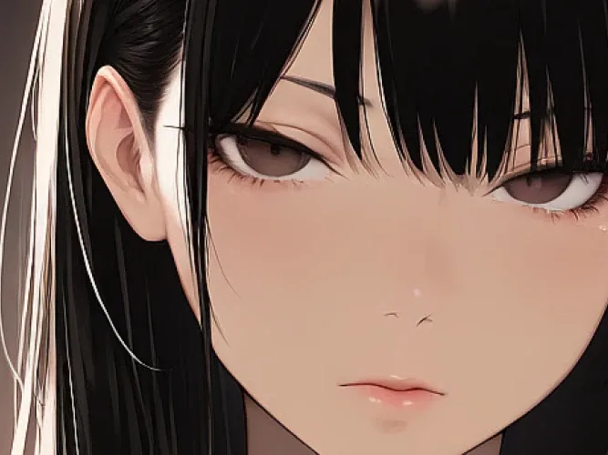 Anime AI girlfriend with black hair looking at you late at night