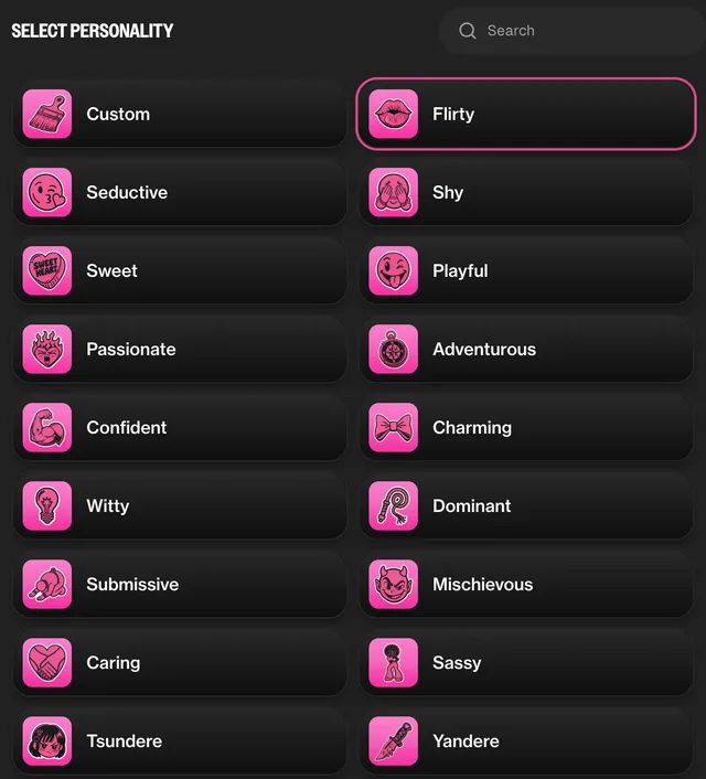 Personality picker with tsundere, yandere, shy and playful traits